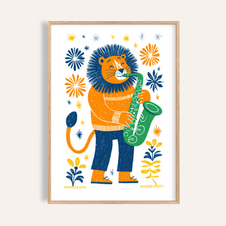 Framed Saxophone Lion Art Print showing a folk-art style lion playing a green saxophone with orange and blue details