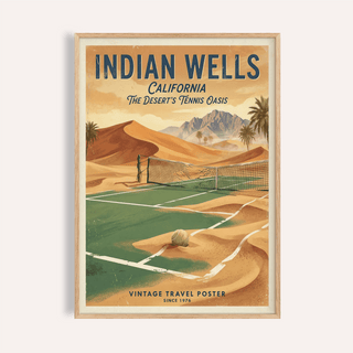 Framed Vintage Tennis Poster showing a desert tennis court with sand dunes and a ball