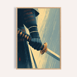 Close-up of katana wall art showing a hand gripping the sword with dark blue and gold tones