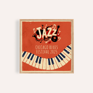 Framed Jazz Art Print with vintage style jazz instruments and piano keys on orange background