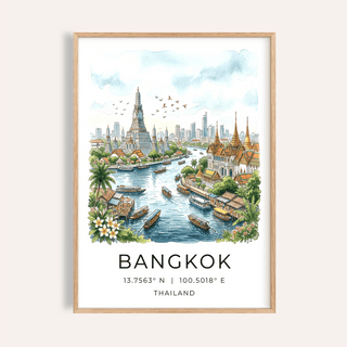 Framed print close-up of Bangkok cityscape in watercolour illustration with blue sky and river