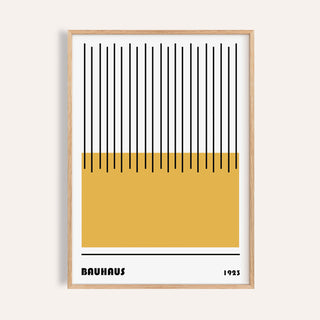 Modern Geometric Art with yellow rectangle and black lines in a natural wood frame