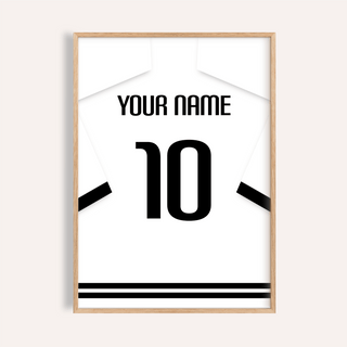 Framed print close-up of a football shirt poster in white with black banded sleeves and number 10