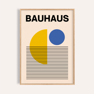 Framed Geometric Lines Art with bauhaus graphic design in yellow and blue shapes