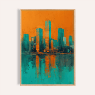 Framed close-up of modern skyline poster with turquoise and orange abstract city skyline in a beige setting