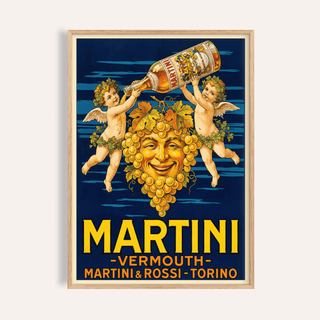 Framed Vintage Vermouth poster with grape face cherubs and vermouth bottle on dark blue background
