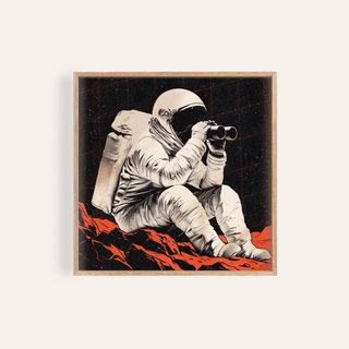 Framed Space Exploration Poster of an astronaut with binoculars on a rocky red surface