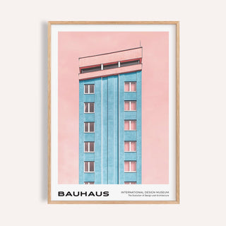 Mid Century Modernist Art framed print close-up of a blue building with pink sky background