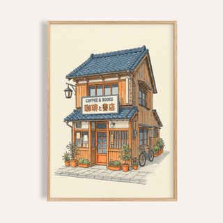 Framed Japanese Coffee Poster showing an illustrated coffee shop building with blue roof and plants