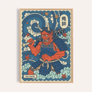 Framed close-up of Japanese Oni Mask print with a red demon in samurai armour and blue clouds