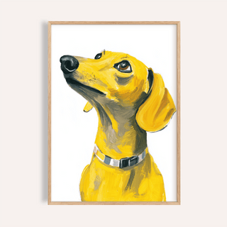 Dachshund dog print showing a yellow dog with a collar in a contemporary style