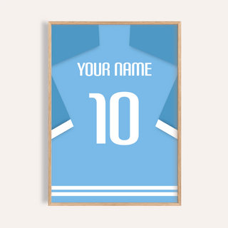 Framed print close-up of a light blue football shirt poster with white number 10 and text Your Name