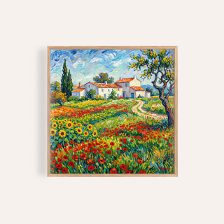 Framed Van Gogh painting of countryside cottage with flowers in bright colours