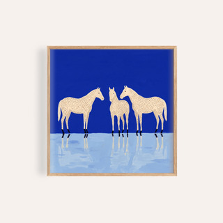 Framed Abstract Horse Poster showing three spotted horses against a blue background
