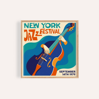 Framed close-up of New York Jazz Festival Art Print with a double bass and hands in retro blue and orange