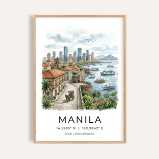 Framed Manila City Art Print in watercolour style showing cityscape with boats and clouds