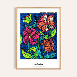 Framed Nocturnal Floral Art Print of stylized colourful flowers in blue, orange and pink
