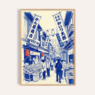 Framed Japanese Market Art Print in blue line-art with market stalls and hanging lanterns