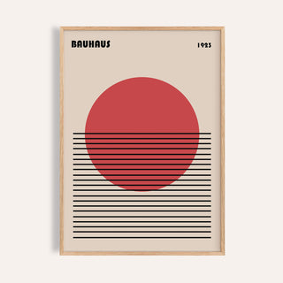 Framed Geometric Art Print with red circle and black horizontal lines on light background