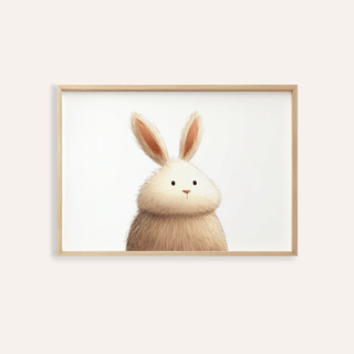 Framed close-up of cute rabbit wall art showing fluffy rabbit with brown ears and fur