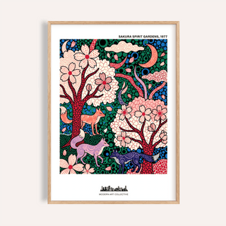 Framed Sakura Spirit Wall Art featuring foxes in a sakura garden with pink and green colours