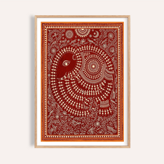 Framed close-up of Indian Folk Art Poster with a decorative elephant in red and beige folk-art style