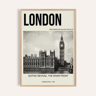 Framed Historic London Poster of Big Ben and Houses of Parliament in black and white close-up