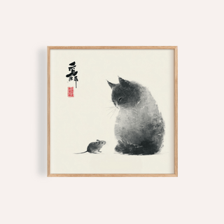 Framed print close-up of Cat And Mouse in Japanese ink style with black and grey shades