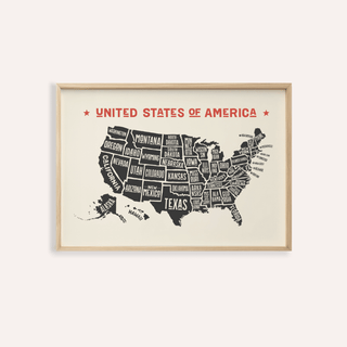 Framed Us Map Poster showing US states in black and red text on cream background