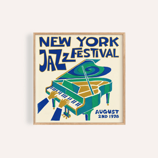 Framed New York Jazz Festival Print showing stylised piano and hands in blue and green