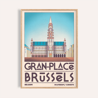 Brussels Grand Place Art Print showing the Grand Place town hall illustration with a blue sky and vintage mid-century style