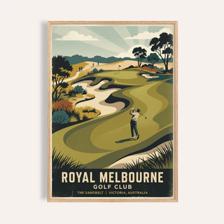 Framed print of a golfer on a green course with text Royal Melbourne Golf Club in retro style