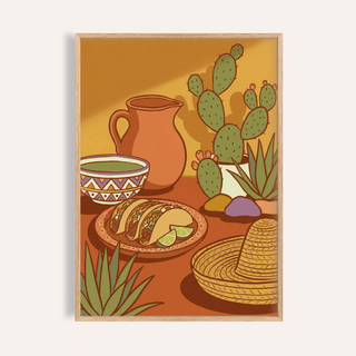 Framed Mexican Food Print with tacos lime and cactus in warm earth tones