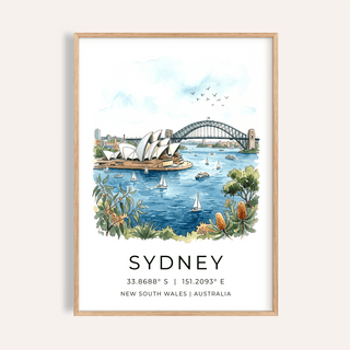 Framed Sydney Watercolor Art Print showing Opera House, Harbour Bridge and harbour with boats