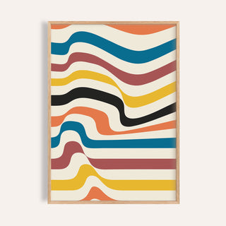 Framed print of wavy colourful stripes in mustard and blue tones