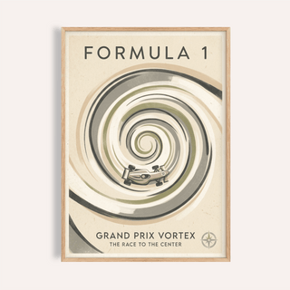 Framed Vortex Race Track Poster with swirling vortex and open-wheel racing car illustration