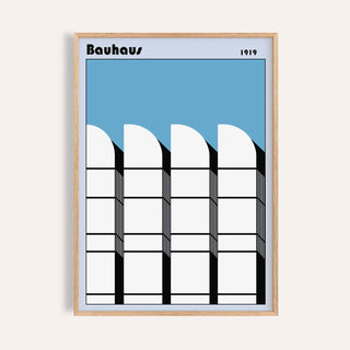 Close-up of Bauhaus Architecture Art Poster with minimalist building facade in blue white and black