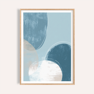 Framed Abstract Blue Art Print with overlapping blue and beige circles in a minimalist style
