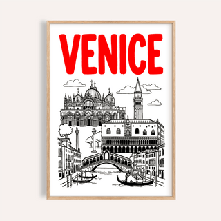 Framed Venice Landmark Art Print with red text and black line art landmarks