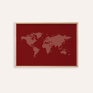 Framed world map wall poster featuring white dotted continents on a red background