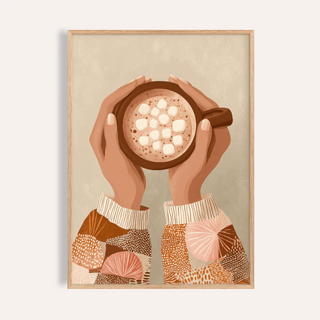 Cute coffee art print of hands holding a hot chocolate with marshmallows and patterned sleeves