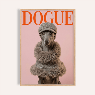 Framed print of Dressed Up Dog Print showing greyhound with tweed hat and collar on pink background
