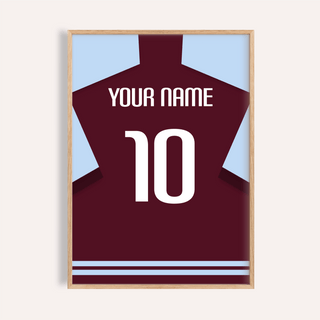Framed print close-up of a football shirt poster in claret with light blue sleeves showing number 10 and placeholder name