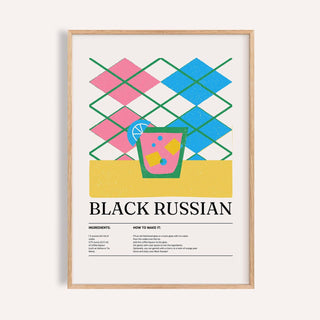 Framed Home Bar Wall Art of a Black Russian cocktail with pink blue and yellow details