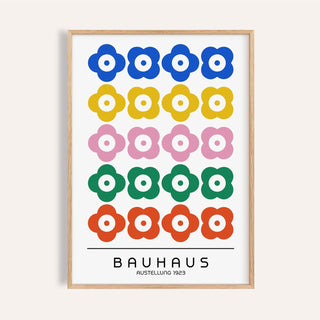 Framed Bauhaus Print Design with colorful stylized flowers and typography on a white background