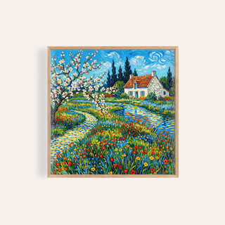 Framed print of impressionist garden poster with a flowering garden path and a cottage