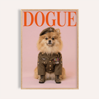 Framed close-up of Military Dog wall art showing a dog in military uniform with medals and hat
