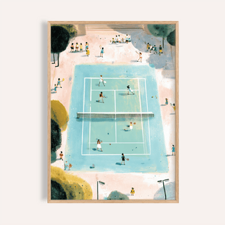 Tennis Game Art Print of minimalist tennis doubles match with blue court and surrounding trees