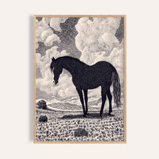 Black horse art print of a black horse in a field with detailed clouds in line-art style