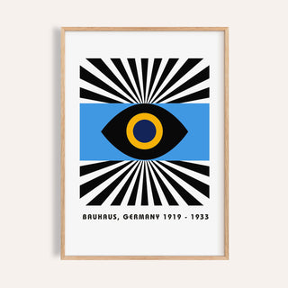 Framed Modern Art Geometric print of an abstract eye with black, blue and yellow shapes